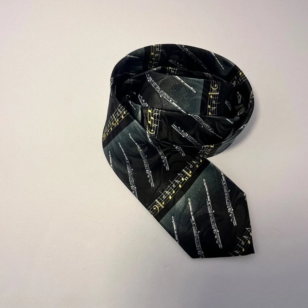 Steven Harris Hand Made Men's Necktie Black,Gold,Silver. Music Notes/Instrument.